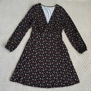 Boden Willow Faux-Wrap Jersey Knit Midi Dress Black Floral 10L Stretch Preppy